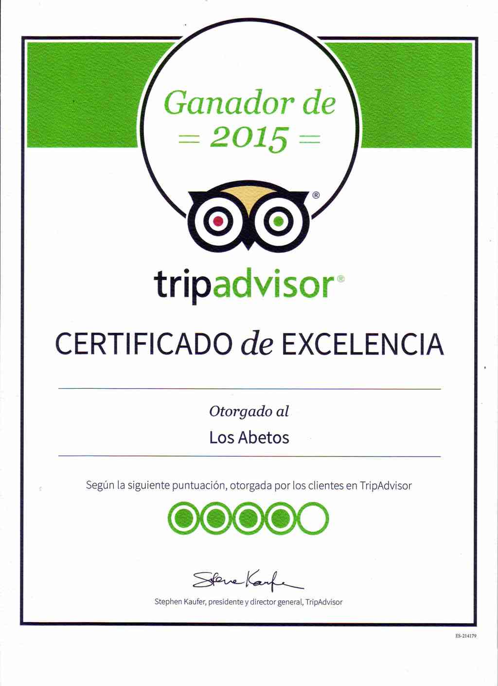 Los viajeros otorgan el Certificado de Excelencía 2015 al Restaurante Asador LOS ABETOS de Nigrán