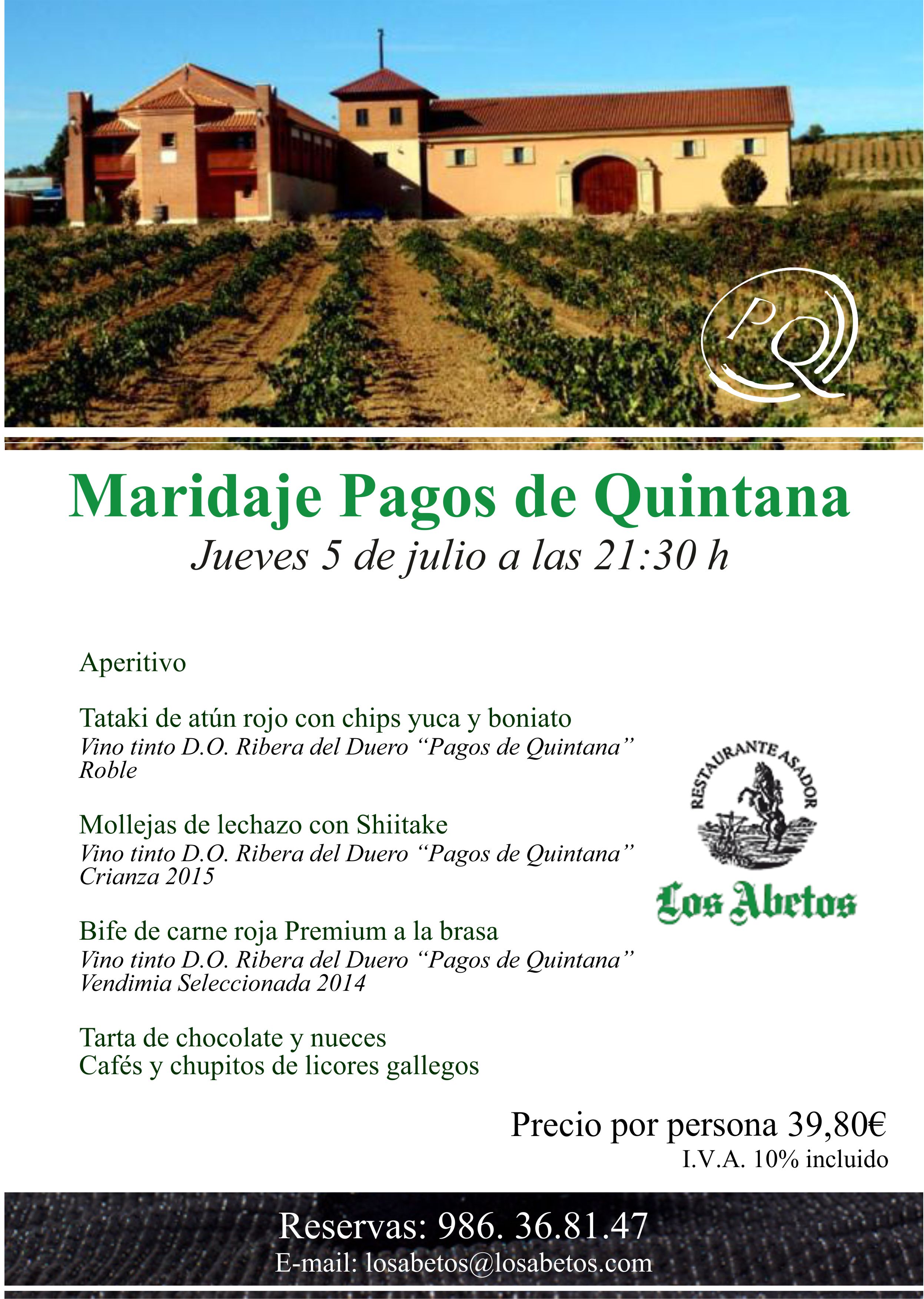 El próximo Jueves 5 de julio Maridaje Pagos de Quintana